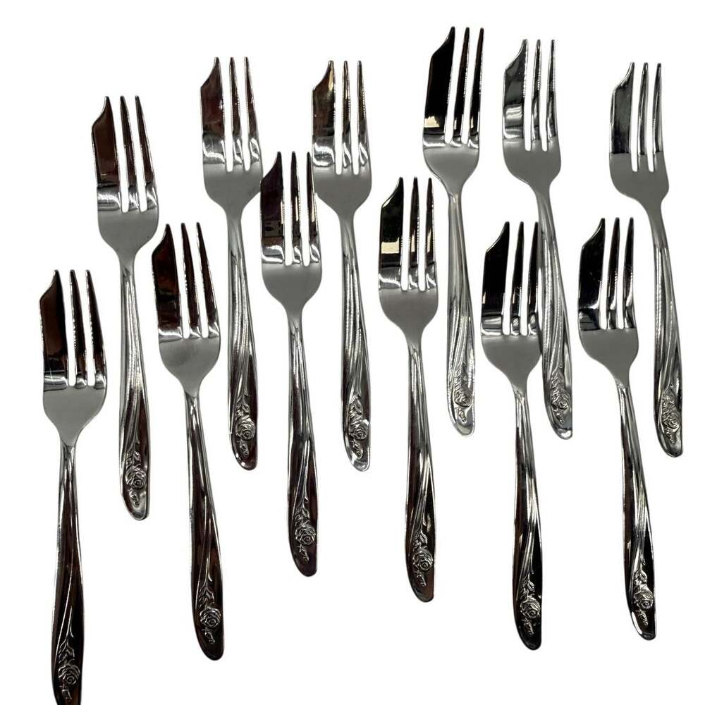 Oneida Roseanne Stainless Pastry Forks Vintage Floral Rose 5 Inch Set of 12